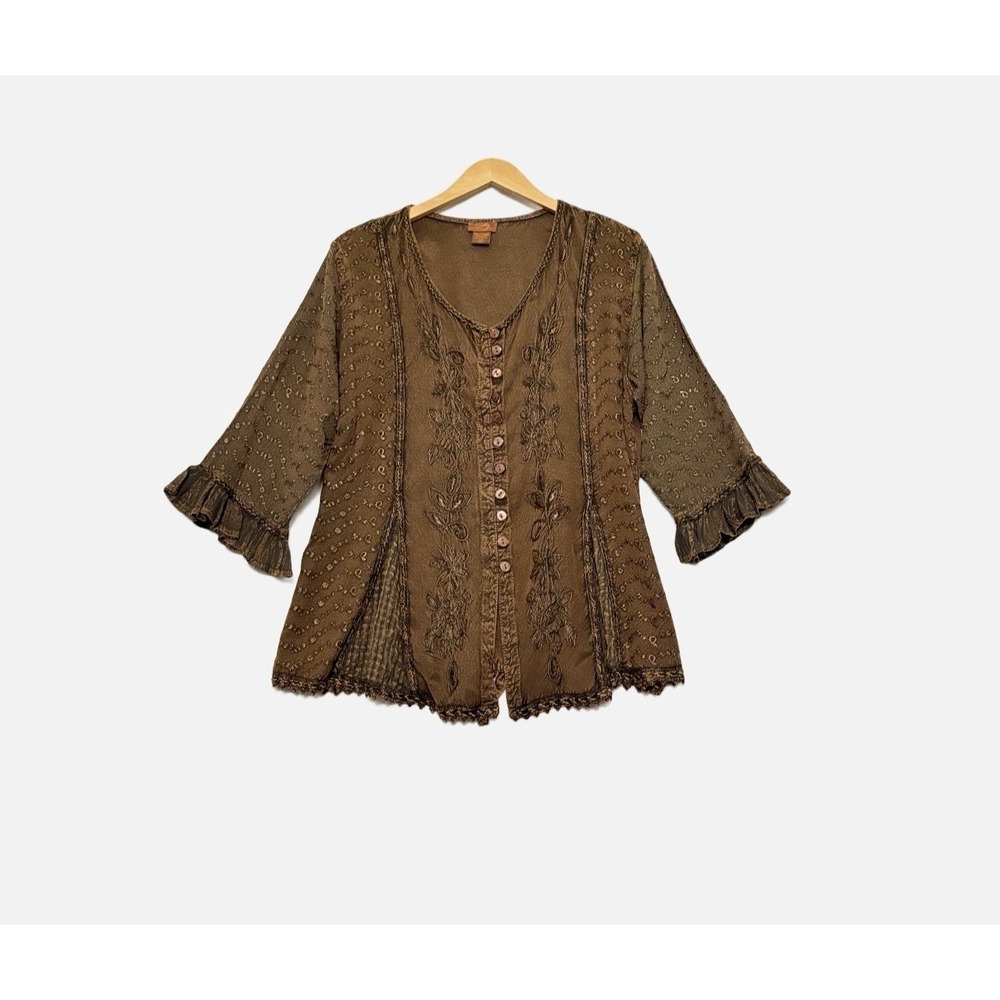 Scully Blouse Womens Size XXL Western Embroidered Bohemian Floral Button Brown